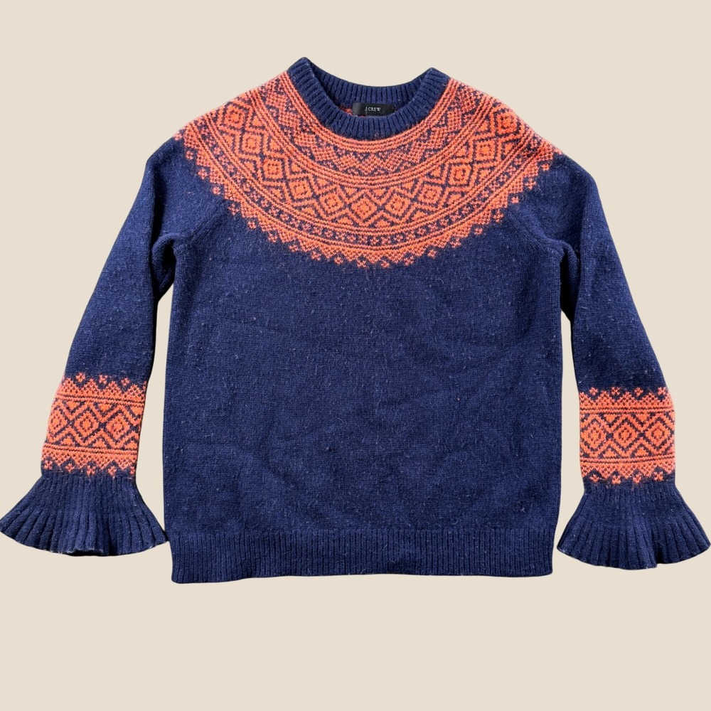 J.Crew Merino Wool Sweater Women XS Navy Blue Orange Fair Isle Ruffle Cuff Knit